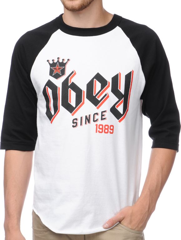 Obey Bar King Black & White Baseball Tee Shirt