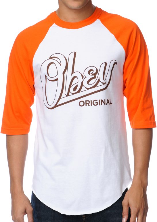 Obey Encore Orange & White Baseball Tee Shirt