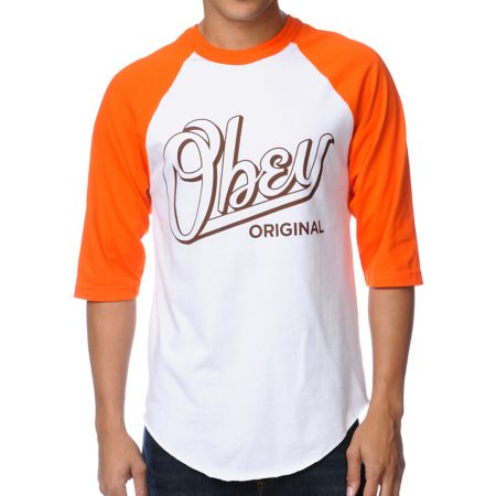 Obey Encore Orange & White Baseball Tee Shirt