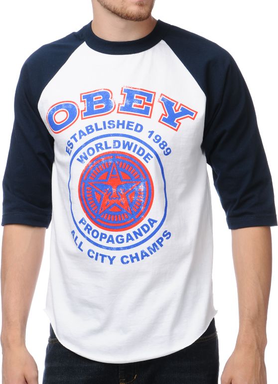 Obey All City Champs Navy & White Baseball Tee Shirt