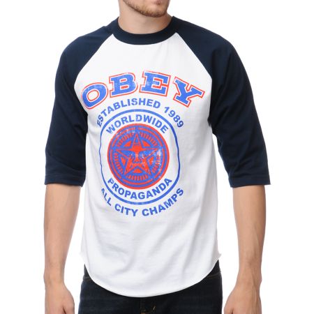 Obey All City Champs Navy & White Baseball Tee Shirt
