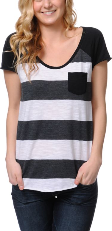 Zine Girls Charcoal Scoop Neck Stripe Tee Shirt