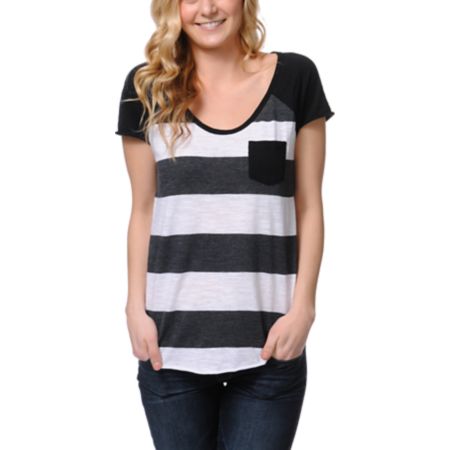 Zine Girls Charcoal Scoop Neck Stripe Tee Shirt