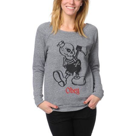 Obey Oh Boy Heather Grey Vandal Crew Neck Sweatshirt