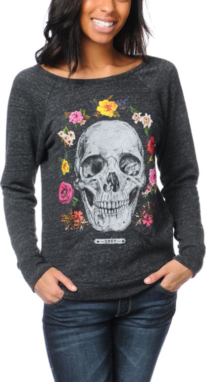 Obey Girls Reincarnation Heather Black Crew Neck Sweatshirt