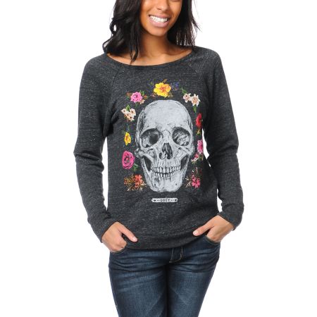 Obey Girls Reincarnation Heather Black Crew Neck Sweatshirt 