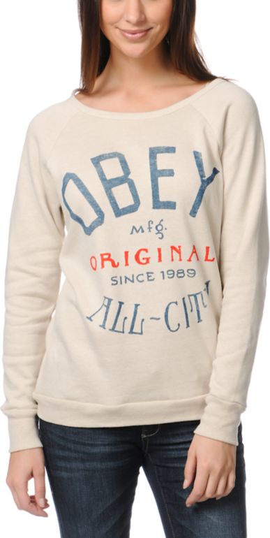 Obey Girls All City Beige Crew Neck Sweatshirt