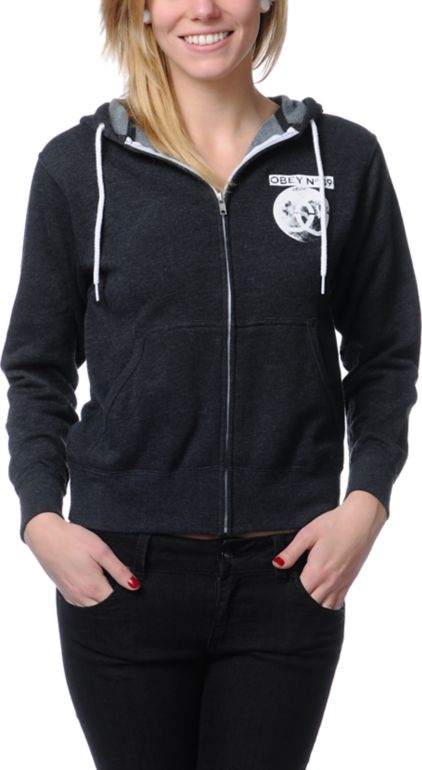 Obey Girls Moon Charcoal Grey Zip Up Hoodie