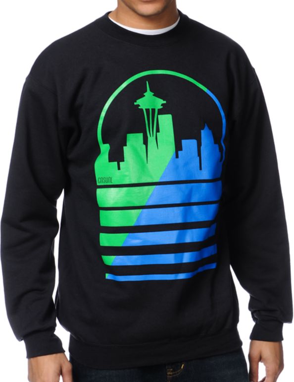 Casual Industrees Seattle Shadow Skyline Black Crew Neck Sweatshirt