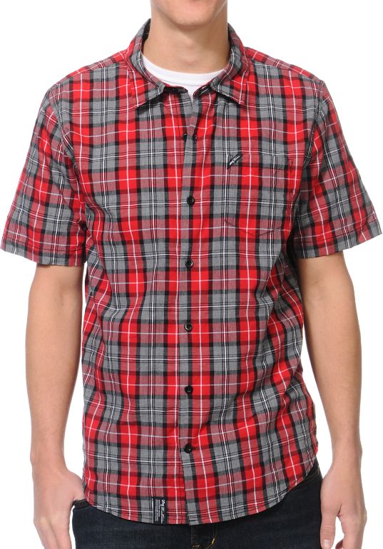 LRG CC Plaid Red Woven Short Sleeve Button Up Shirt