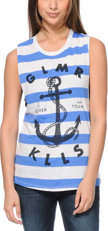 Glamour Kills Land Locked Blue Striped Muscle Tank Top