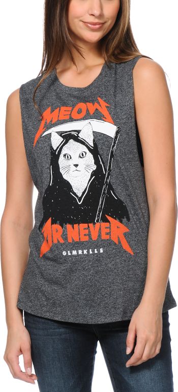 Glamour Kills Meow Or Never Charcoal Muscle Tank Top