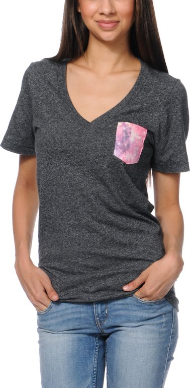 Glamour Kills Space Pocket Heather Black V-Neck Tee Shirt