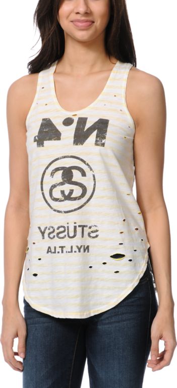 Stussy Girls Neon Blocked Yellow Striped Tank Top