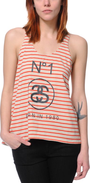 Stussy Girls Striped Split Orange & Cream Tank Top