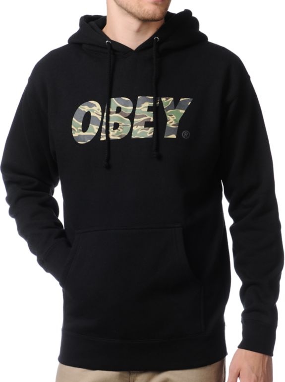 Obey Camo Font Black Pullover Hoodie
