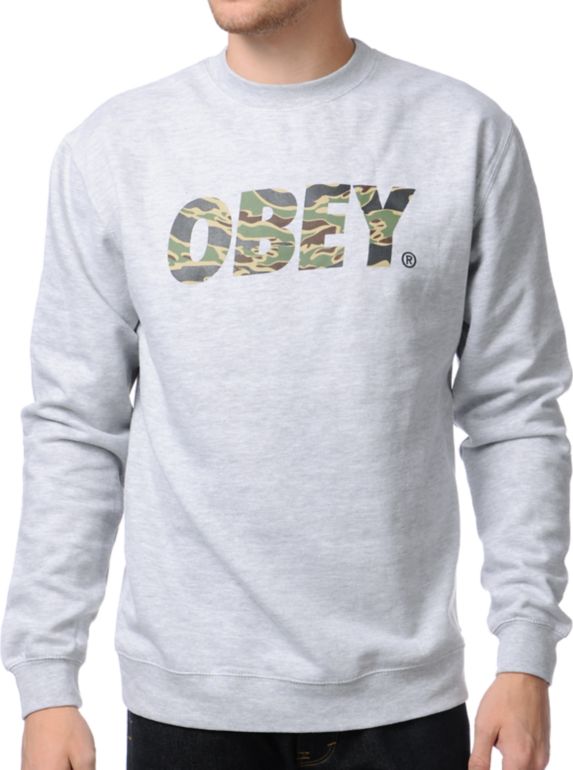 Obey Camo Font Heather Grey Crew Neck Sweatshirt