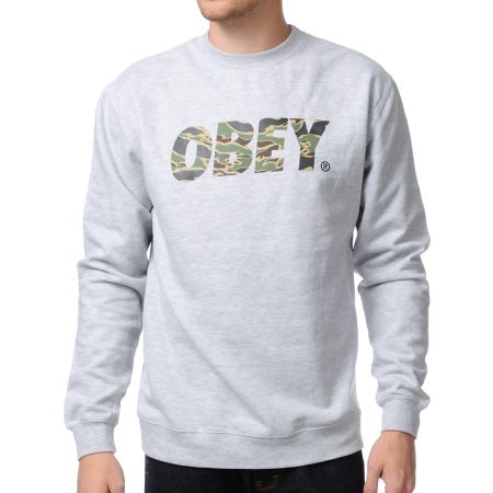 Obey Camo Font Heather Grey Crew Neck Sweatshirt