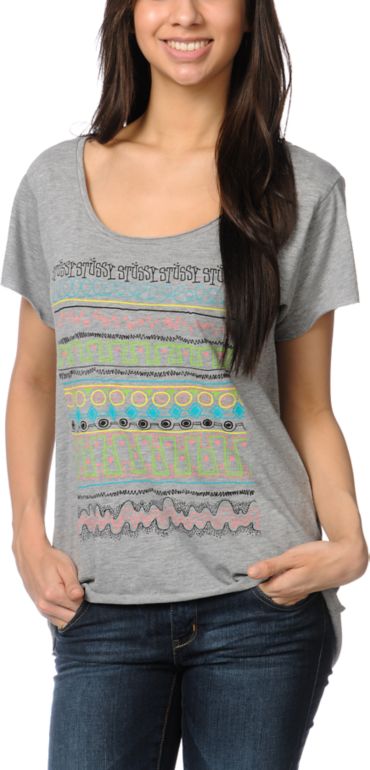 Stussy Girls Tribe Heather Grey Scoop Neck Tee Shirt