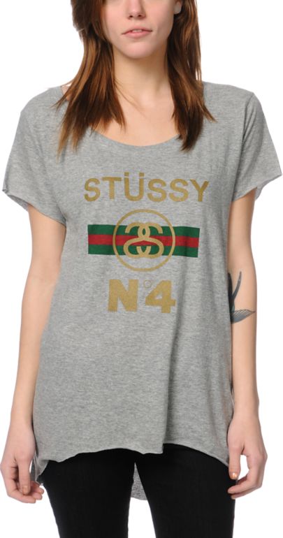 Stussy Girls No. 4 Heather Grey Scoop Neck Tee Shirt