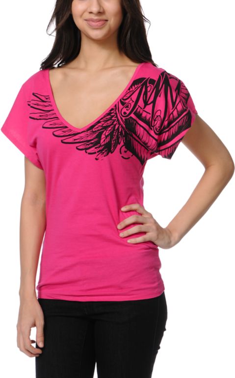 Metal Mulisha Kiki Pink Dolman V-Neck Tee Shirt