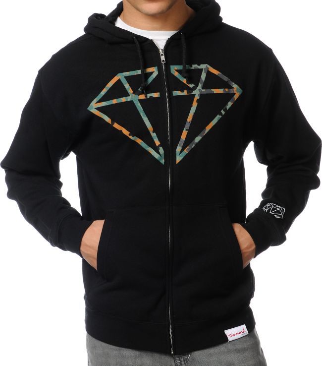 Diamond Supply Camo Rock Logo Black Zip Up Hoodie