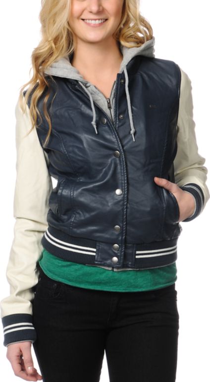 Obey Varsity Lover Navy Blue Faux Leather Jacket