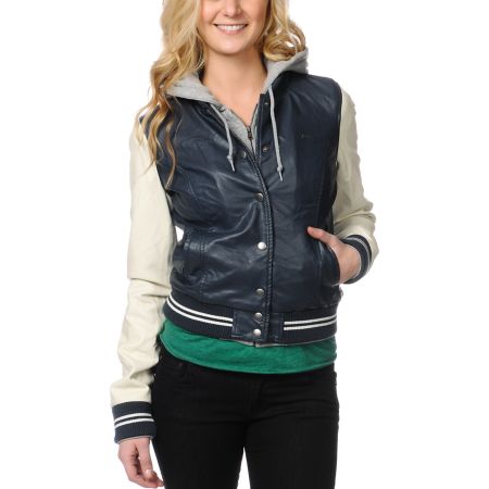 Obey Varsity Lover Navy Blue Faux Leather Jacket