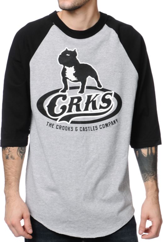 Crooks and Castles Bully Grey & Black Baseball Tee Shirt