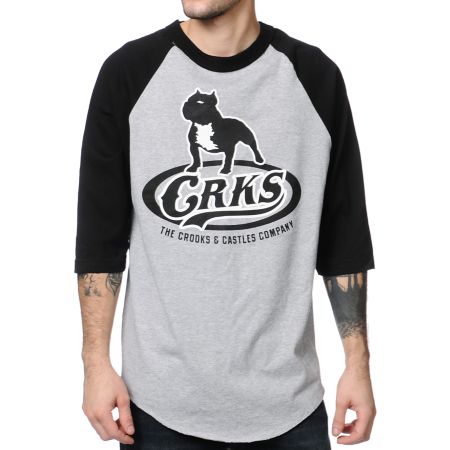 Crooks and Castles Bully Grey & Black Baseball Tee Shirt