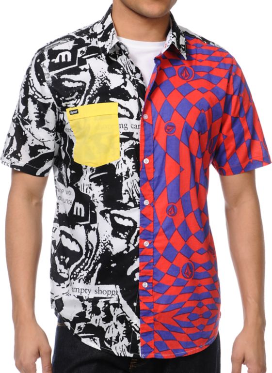 Volcom Paradigum Red, Black & White Short Sleeve Button Up Shirt