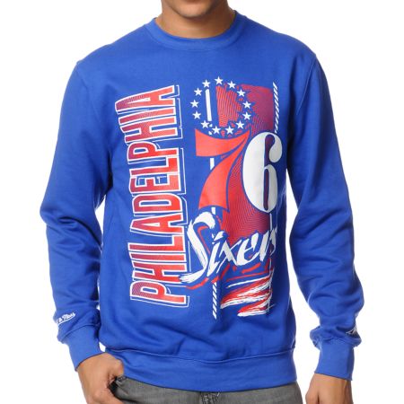 NBA Mitchell and Ness Sixers Zip Zag Blue Crew Neck Sweatshirt