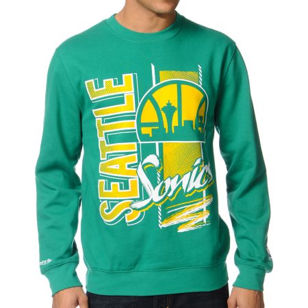 NBA Mitchell and Ness Sonics Zip Zag Green Crew Neck Sweatshirt