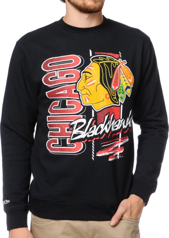 NHL Mitchell and Ness Blackhawks Zip Zag Black Crew Neck Sweatshirt
