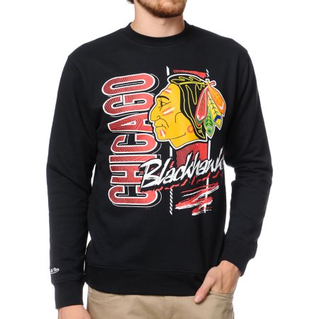 NHL Mitchell and Ness Blackhawks Zip Zag Black Crew Neck Sweatshirt