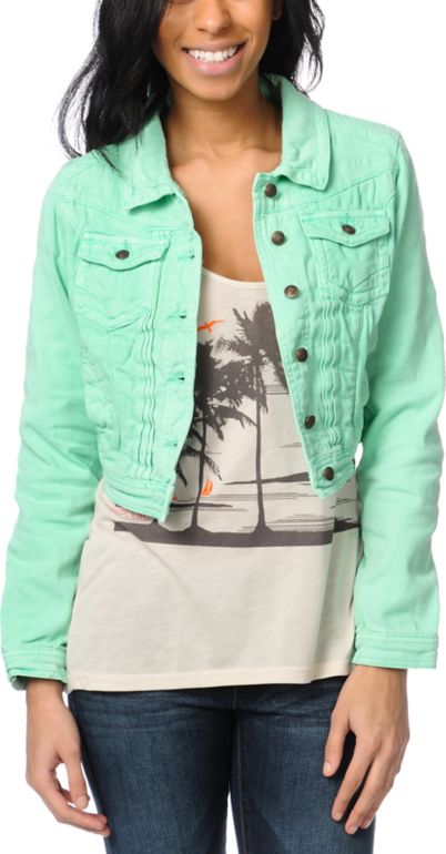 Lost Caper Seafoam Mint Green Cropped Denim Jacket