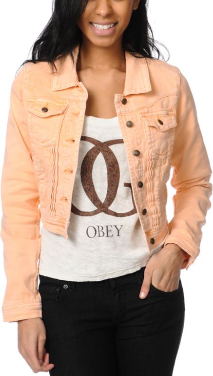 Lost Caper Tarte Coral Cropped Denim Jacket