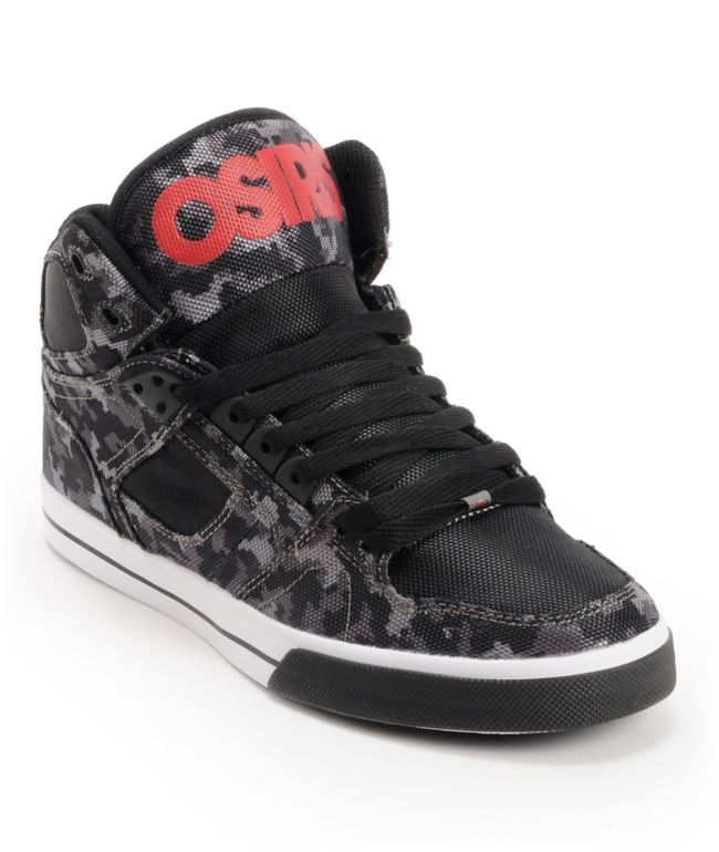 Osiris NYC 83 Vulc Black, Digital Camo,  & Red Skate Shoe