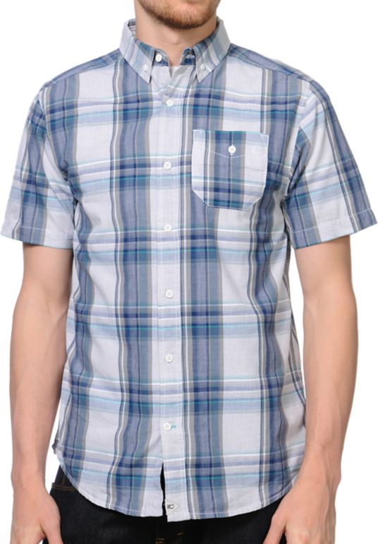Dravus Tank Grey & Blue Plaid Short Sleeve Button Up Shirt