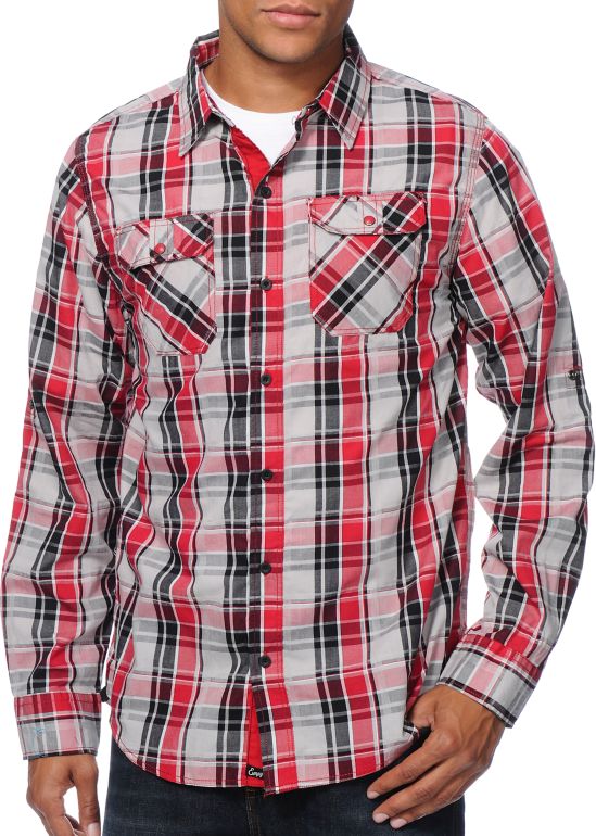 Empyre Rocknoceros Grey & Red Plaid Long Sleeve Button Up Shirt