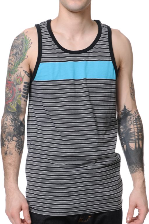 Zine Blue Steel Teal & Black Stripe Tank Top