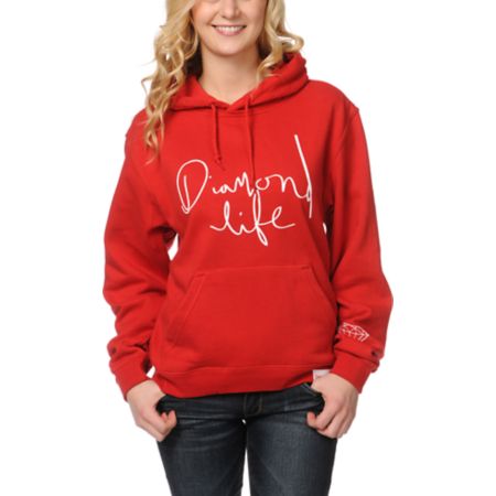 Diamond Supply Girls Diamond Life Script Red Pullover Hoodie 