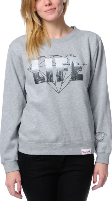 Diamond Supply Girls NY Diamond Life Grey Crew Neck Sweatshirt