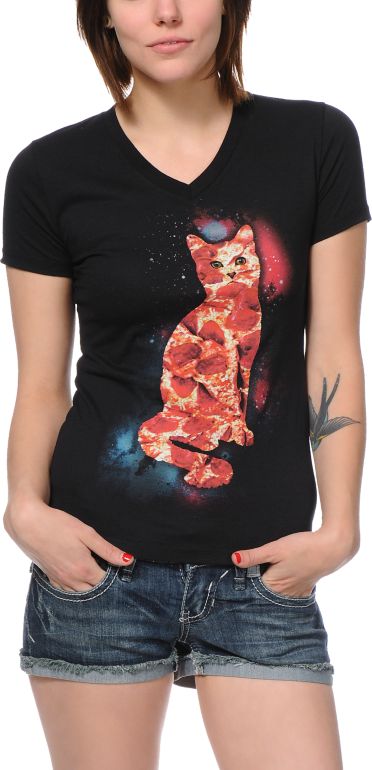 A-Lab Girls Pizza Cat Black V-Neck Tee Shirt