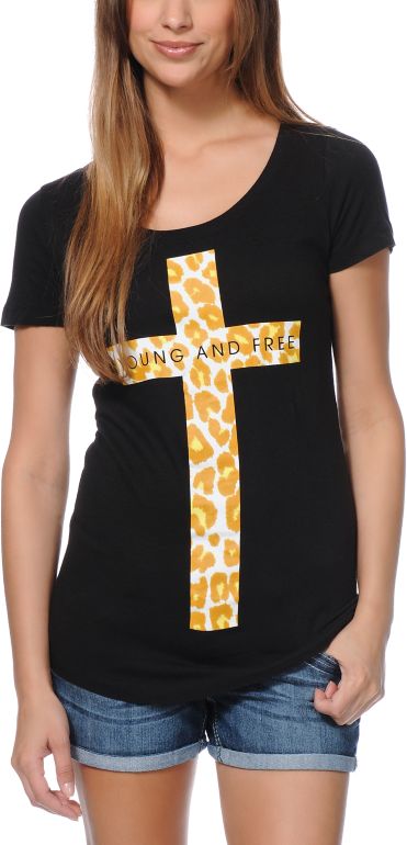 Empyre Girls Spotted Cross Black Scoop Neck Tee Shirt