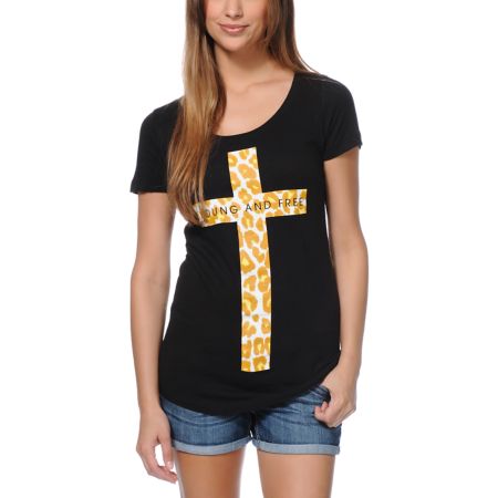 Empyre Girls Spotted Cross Black Scoop Neck Tee Shirt