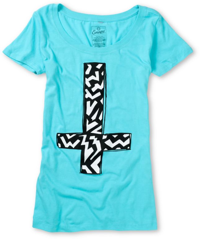 Empyre Girls Zig Zag Cross Turquoise Scoop Neck Tee Shirt