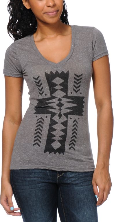 Empyre Girls Native Cross Heather Charcoal V-Neck Tee Shirt