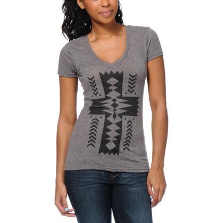 Empyre Girls Native Cross Heather Charcoal V-Neck Tee Shirt 