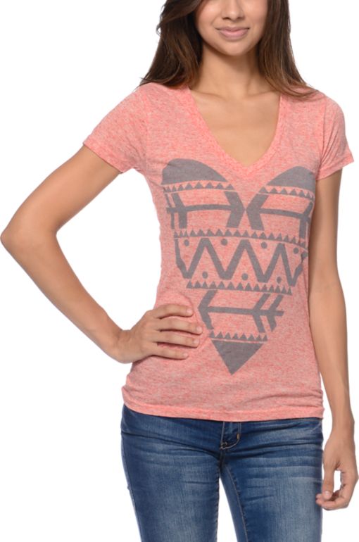 Empyre Girls Native Heart Heather Coral V-Neck Tee Shirt